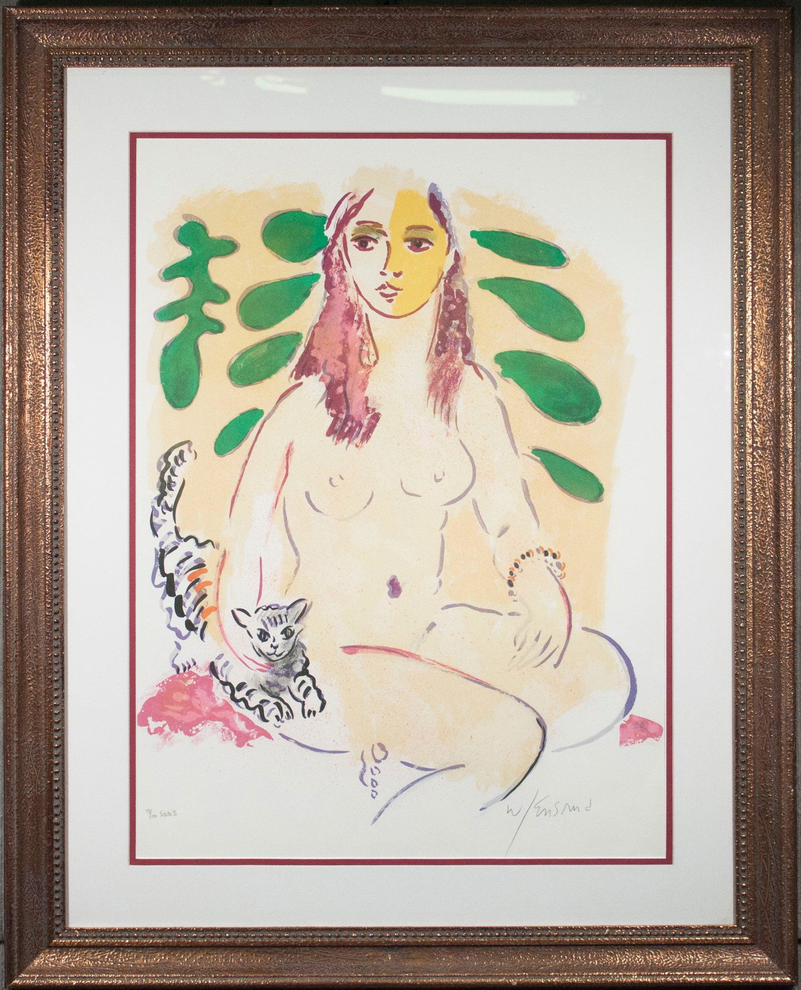 Wayne Ensrud - Nude Woman With Cat - 1989 Lithograph - SIGNED 39.25" x 31.25": Nude Woman With Cat by Wayne Ensrud, 1989 Signed Lithograph. Paper size is 39.25 x 31.25 inches, with an image size of 28.5 x 21 inches. The Lithograph is from an edition size of 100 and is currently