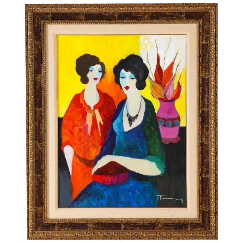 Itzchak Tarkay (Israel, 1935-2012) "Two Sisters" Oil on Canvas Painting (1 of 7)