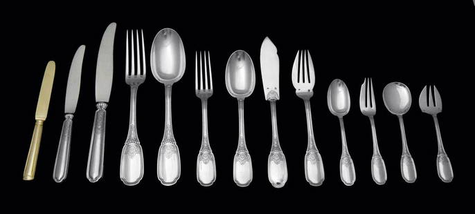 LAPPARRA - 328pc. LOUIS XVI STERLING SILVER FLATWARE SET, 1900-1949 + CABINET: Title: LAPPARRA - 328pc. LOUIS XVI STERLING SILVER FLATWARE SET, 1900-1949 + CABINETDate/Period: 20th CenturyOrigin: FranceMaker/Designer: LapparraSilver Purity: 950Size: 328 pcs,.Hallmarks: Minerva