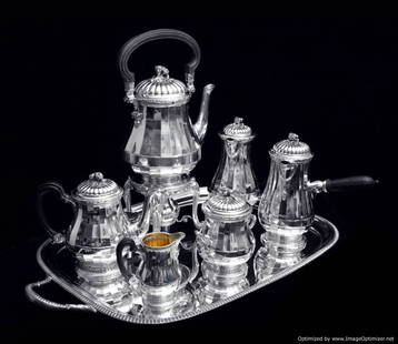 PUIFORCAT (HERMES) - 8pc. LOUIS XVI STERLING SILVER TEA / COFFEE SET, 1850-1899 !!: Title: PUIFORCAT (HERMES) - 8pc. LOUIS XVI STERLING SILVER TEA / COFFEE SET, 1850-1899 !!Date/Period: 19th CenturyOrigin: FranceMaker/Designer: Puiforcat (Hermes)Silver Purity: 950 SterlingSize: 8