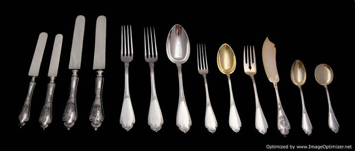 296pc. French Antique Sterling Silver and Vermeil Flatware Set - Excellent Condition !!: Title: 296pc. French Antique Sterling Silver and Vermeil Flatware Set - Excellent Condition !!Date/Period: 19th CenturyOrigin: FranceMaker/Designer: FrenchSilver Purity: 950Size: 296 pcs.Hallmarks: