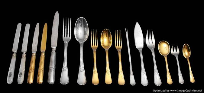 PUIFORCAT (HERMES) 246pc. FRENCH 950 STERLING SILVER & VERMEIL FLATWARE SET - 1890s: Title: PUIFORCAT (HERMES) 246pc. FRENCH 950 STERLING SILVER & VERMEIL FLATWARE SET - 1890sDate/Period: 1890sOrigin: FranceMaker/Designer: Puiforcat (Hermes)Silver Purity: 950Size: 246 pcs.Hallmarks: