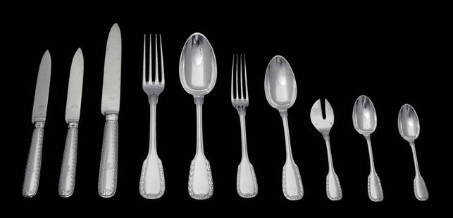 AUCOC 217pcs LOUIS XVI 950 STERLING SILVER FLATWARE SET, SERVICE FOR 24, 1890s + CHEST: Title: AUCOC 217pcs LOUIS XVI 950 STERLING SILVER FLATWARE SET, SERVICE FOR 24, 1890s + CHESTDate/Period: 1890sOrigin: Paris, FranceMaker/Designer: AucocSilver Purity: 950Size: 217 pcs.Hallmarks: