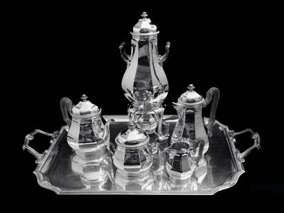 TETARD 6pc ORIGINAL FRENCH ART DECO STERLING SILVER TEA SET + TRAY, 1900-1940: Title: TETARD 6pc ORIGINAL FRENCH ART DECO STERLING SILVER TEA SET + TRAY, 1900-1940Date/Period: 1920sOrigin: FranceMaker/Designer: TetardSilver Purity: 950Size: 6 pcs.Hallmarks: Minerva
