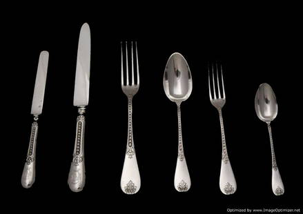GIBERT 164pcs. FRENCH STERLING SILVER FLATWARE SET - ROYAL CREST: Title: GIBERT 164pcs. FRENCH STERLING SILVER FLATWARE SET - ROYAL CRESTDate/Period: 1895Origin: FranceMaker/Designer: GibertSilver Purity: 950Size: 164 pcs.Hallmarks: Minerva 1Description: Another