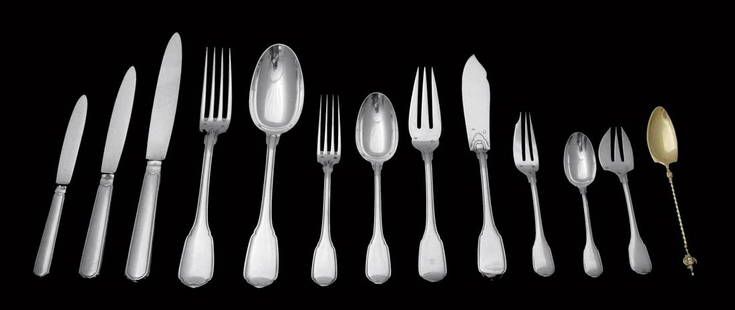 LAPPARRA 204pc. ANTIQUE STERLING SILVER FLATWARE SET + CHEST, LOUIS XV 1850-1899: Title: LAPPARRA 204pc. ANTIQUE STERLING SILVER FLATWARE SET + CHEST, LOUIS XV 1850-1899Date/Period: 20th CenturyOrigin: FranceMaker/Designer: LapparraSilver Purity: 950Size: 204 pcs.Hallmarks: