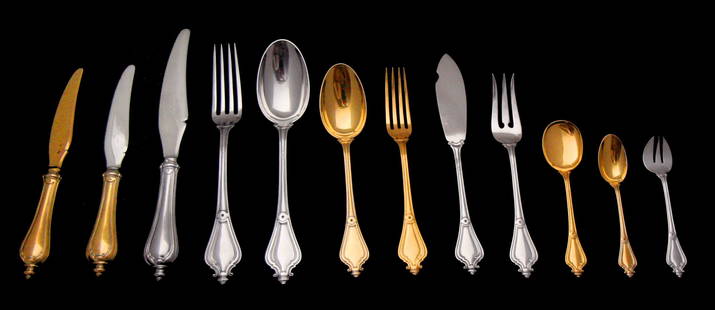 KELLER ANTIQUE FRENCH STERLING SILVER & VERMEIL FLATWARE SET - 198pcs. + CHESTS !!: Title: KELLER ANTIQUE FRENCH STERLING SILVER & VERMEIL FLATWARE SET - 198pcs. + CHESTS !!Date/Period: 19th CenturyOrigin: FranceMaker/Designer: KellerSilver Purity: 950Size: 198 pcs.Hallmarks: