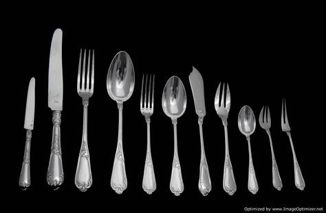 CARON - FRENCH ANTIQUE LOUIS XVI STERLING SILVER FLATWARE SET, 1850-1899, 197pc. + TRAYS: Title: CARON - FRENCH ANTIQUE LOUIS XVI STERLING SILVER FLATWARE SET, 1850-1899, 197pc. + TRAYSDate/Period: 19th CenturyOrigin: FranceMaker/Designer: CaronSilver Purity: 950Size: 197 pcs.Hallmarks: