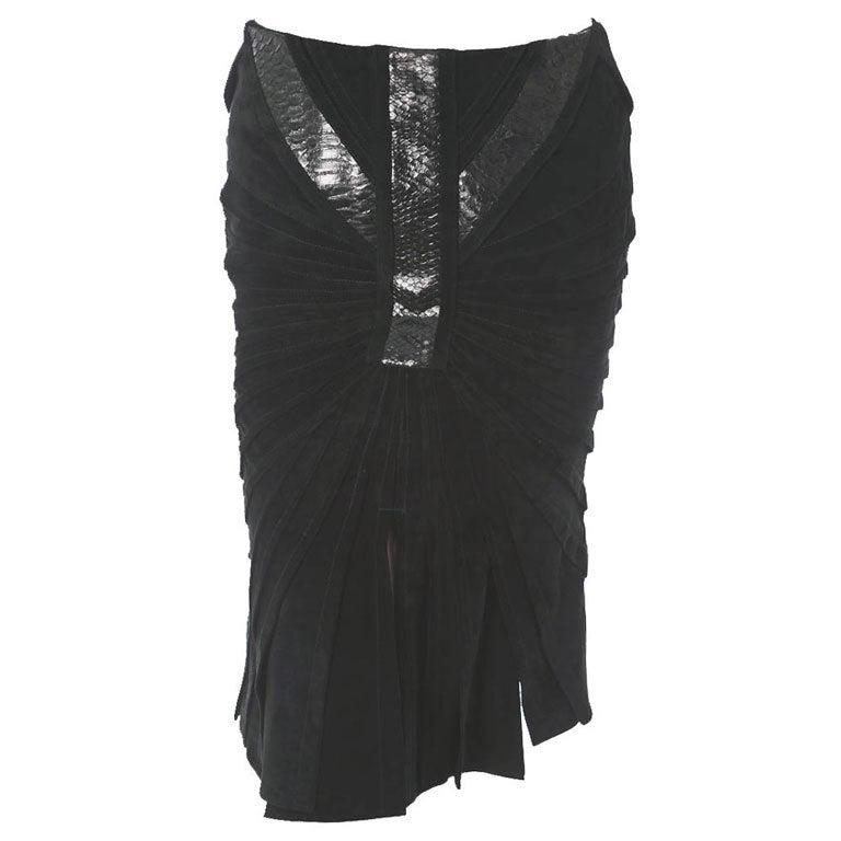 Tom Ford for Gucci leather skirt with python trim: A/W 2004 Collection Tom Ford for Gucci Forest green pin tucked leather skirt with snake skin detail at center, multiple slits at bottom seam and concealed side zip closure.Original price $3,990.00 Con