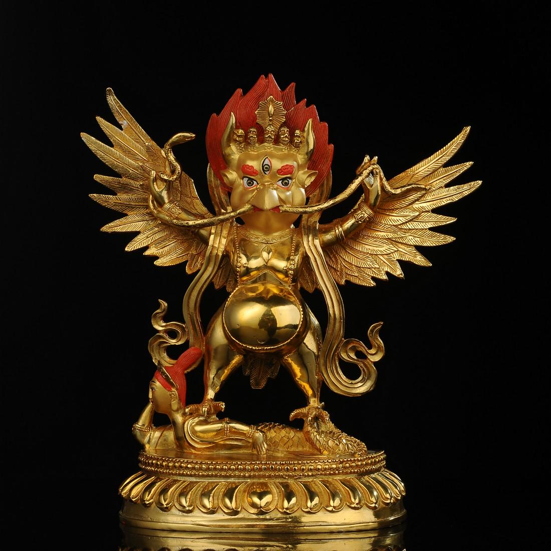 Tibetan Bronze Buddha Sculpture-Dapeng Bird Sculpture: Size: about 28x25x8 cm. Exquisite Tibetan bronze Buddha sculpture. Carved with gorgeous ornaments, it is an important expression art of Tibetan tribal culture. hand-made. Note: Under normal conditions