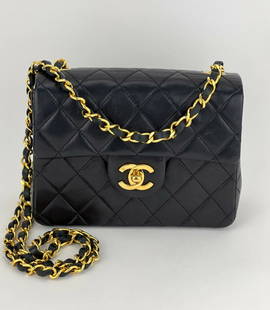 Chanel Vintage Square Classic Mini Single Flap Quilted Black LambskinC14: SKU C14 0322 Pre-Owned 100% Authentic CHANEL Vintage Classic Square Mini Single Flap Quilted Black Lambskin RATING: A/B...Very Good, well maintained, shows minor signs of wear MATERIAL: lambskin