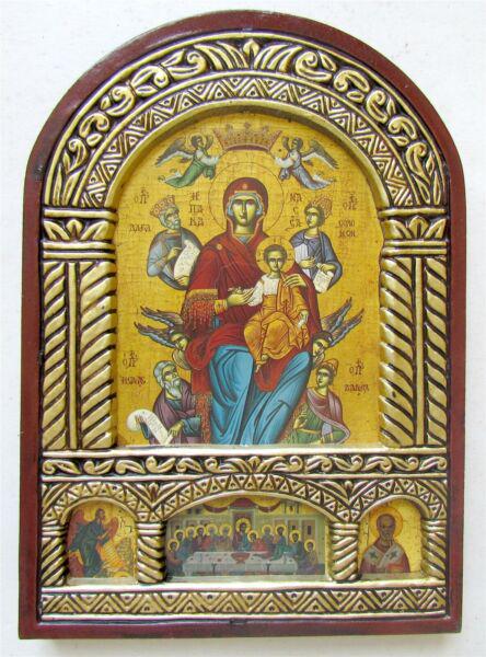 GREEK BYZANTINE STYLE ORTHODOX ICON on WOOD of VIRGIN w/ OLD TESTAMENT SAINTS: GREEK BYZANTINE STILE ORTHODOX ICON on WOOD of VIRGIN w/ OLD TESTAMENT SAINTS: KING DAVID, KIND SOLOMON, ST. DANIEL, and St. ISAAC THE SYRIAN New, not an antique. Size 5 3/4 x 8" Perfect condition. Re