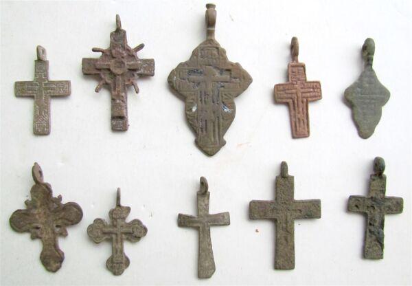 RUSSIAN orthodox icon NECK CROSSES LOT of 10 antique 18th - 19th century (1 of 2)