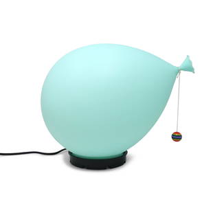 Vintage Blue Balloon Lamp by Yves Christin: An iconic Italian balloon lamp designed by Yves Christin for Bilumen in 1975. This is the middle of the three sizes and has a soft blue colored balloon, black base, and rainbow bead at the end of the