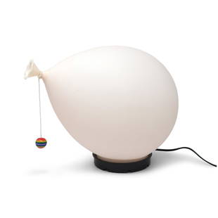 Vintage Pink Balloon Lamp by Yves Christin: An iconic Italian balloon lamp designed by Yves Christin for Bilumen in 1975. This is the middle of the three sizes and has a soft pink colored balloon, black base, and rainbow bead at the end of the