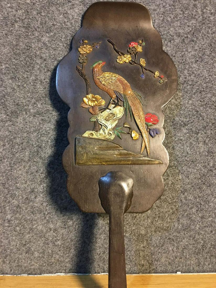 Vintage Chinese Zitan Wood Inlay Shell & Gem Flower Bird Pan Statue (1 of 9)