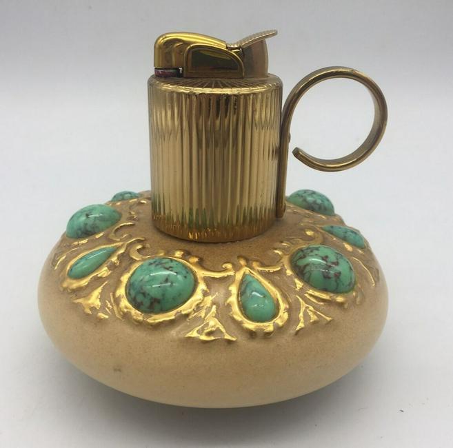 Vintage Evans Table Lighter Turquoise Stones Bone China Mcm: Title: Vintage Evans Table Lighter Turquoise Stones Bone China MCM Provenance/Additional Info: Vintage Evans Bone China Table Lighter Turquoise Stones MCM will need a wick and flint Date/Period: appro