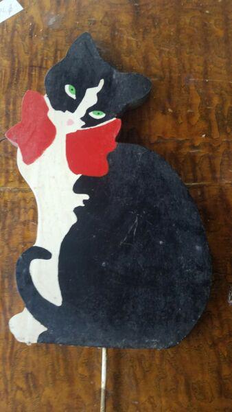 Folk Art Cat Black Lawn Ornament Wood Paint Nice Surface 1950 (1 of 5)