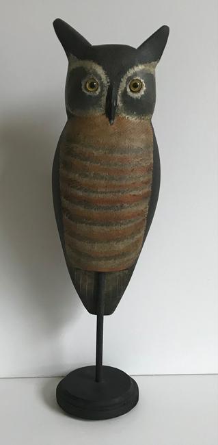 Carved Wooden Owl: Cute hand carved owl done by Ken Kirby of Little Egg Harbor, New Jersey. He measures 17.5" from the bottom of the stand and is 5" wide. He is signed and dated 2007 on the back as well as being stamped