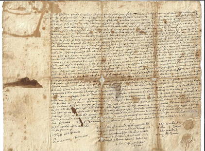 1696 Massachusetts Bay Deed Mayflower Ancestry: Large manuscript deed dated 1696 being the conveyance of property in the Upper Swamp of Middleborough on several tracts excluding the "Majors Purchase", between John Turner of Scituate in Plymouth and