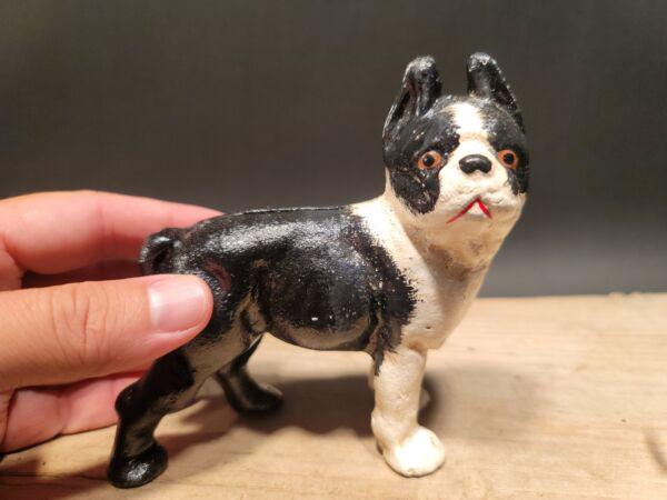 5" Cast Iron Boston Terrier Dog Door Stop Coin Bank: 5" Long x 4 1/2" Tall Great little reproduction cast iron Boston terrier dog. All cast iron hand painted, slightly distressed as shown in the images. Certainly looks old! See our other miniature cast 