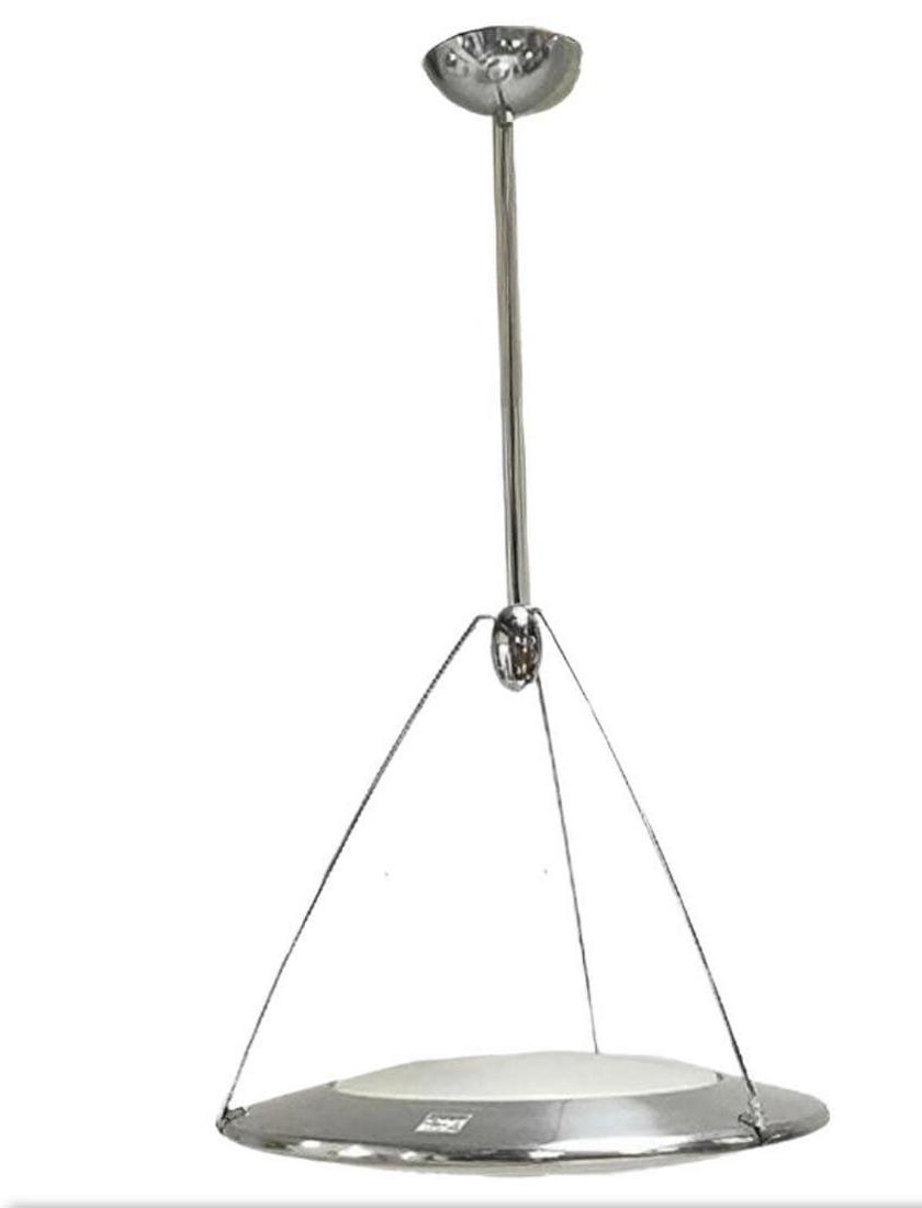 Modern Atomic Space Age Mira S Hanging Chrome Disk Lamp by Ezio Didone for Arteluce: Vintage from the 1990s Materials: Glass, metal Width: 24 inches Height: 25 inches Depth: 24 inches Description Modern Atomic Space Age Mira S Hanging Chrome Disk Lamp by Ezio Didone for Arteluce Vinta