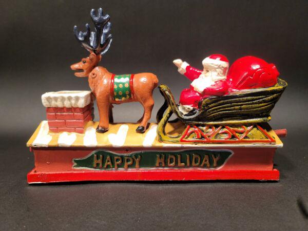Christmas Santa Sleigh Reindeer Cast Iron Mechanical Coin Bank (1 of 8)