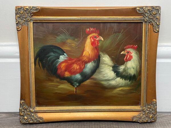 English Oil Painting Study Of Poultry Cockerel & Hen Birds After Edgar Hunt: Small Fine English Oil Painting Study Of Poultry Cockerel & Hen Birds After Edgar Hunt. Unsigned. In the style of similar to after Edgar Hunt. Set in a gilt frame. Subject a very fine study of poultry