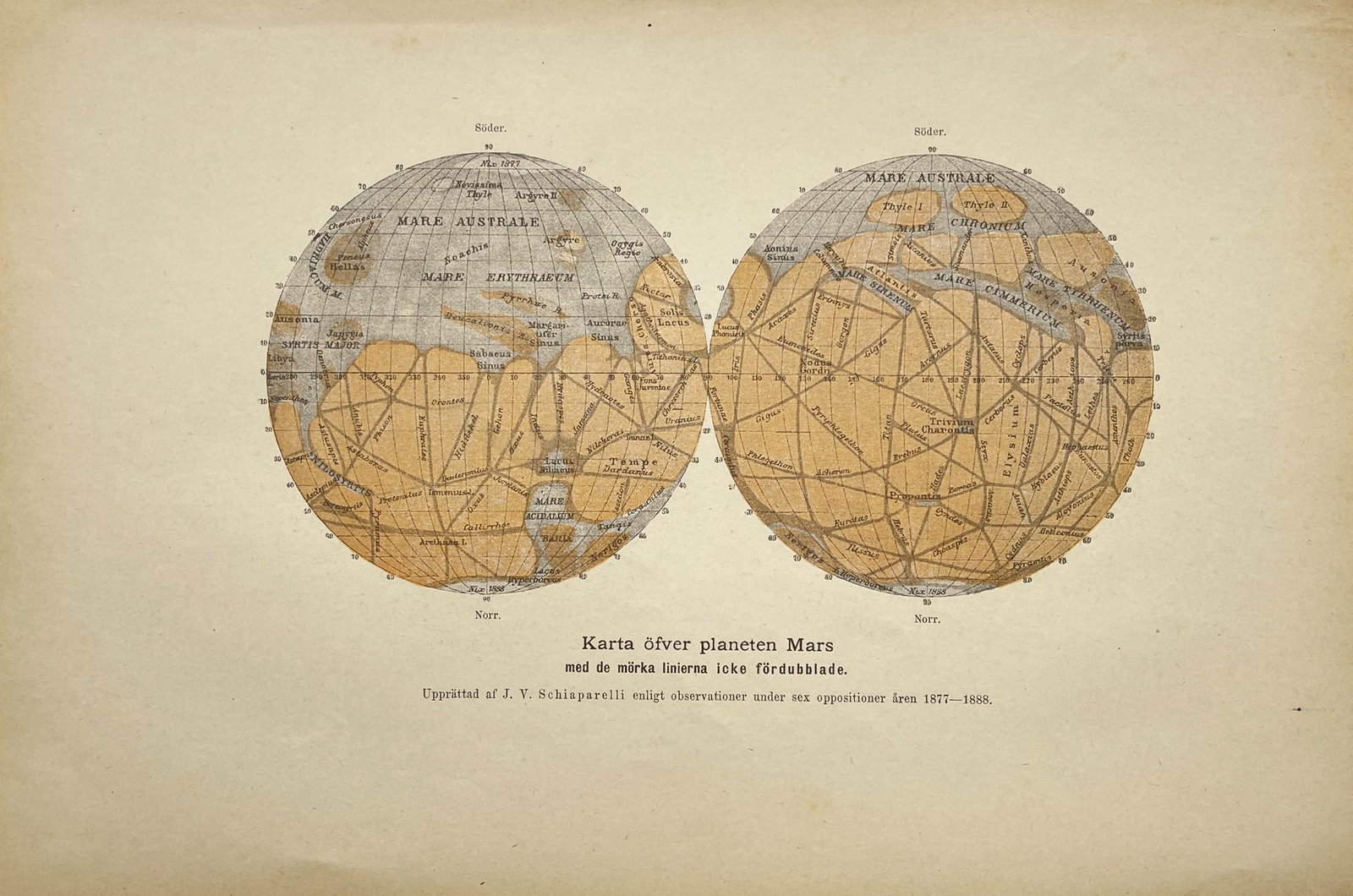 Antique Astronomy Print - Map of the planet Mars - Camille Flammarion (1 of 2)