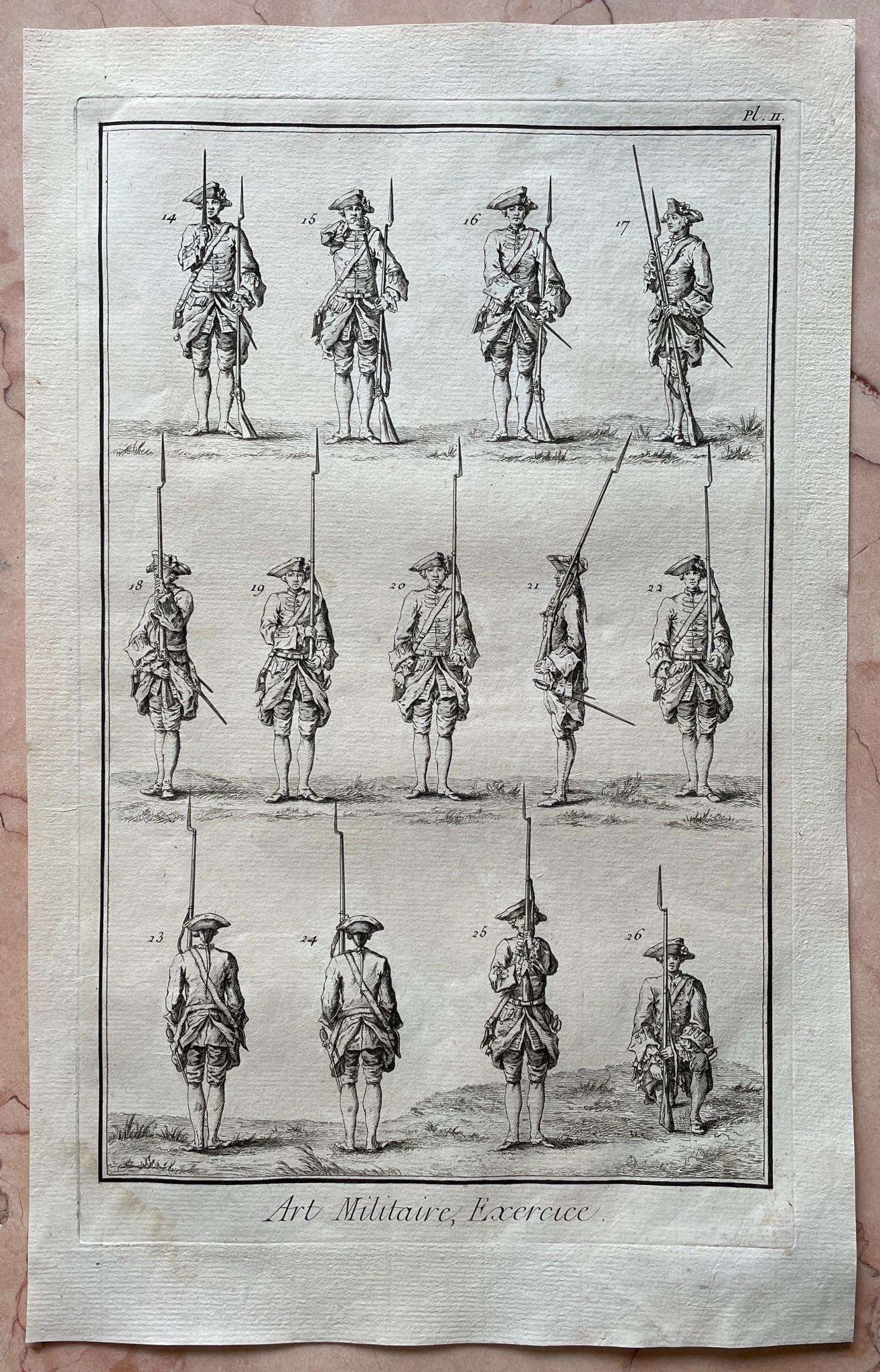 Antique Print - Military Art - Soldier With Musket - Denis Diderot 1762: Title: Antique Print - Military Art - Soldier With Musket - Denis Diderot 1762 Description: Magnificent military print on handmade paper with watermark, originates from ”Receuil de planches sur