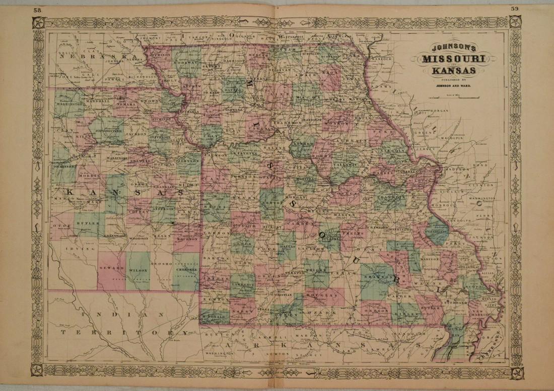 1866 Johnson Map of Missouri and Kansas -- Johnson's Missouri and Kansas: Title: 1866 Johnson Map of Missouri and Kansas -- Johnson's Missouri and Kansas Cartographer: Johnson and Ward Year / Place: 1866, New York Map Dimension (in.): 17.1 X 23.1 in. This excellent double-p