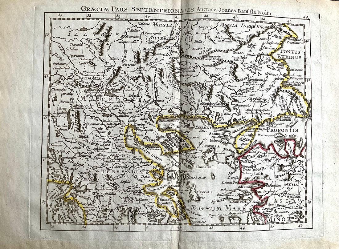 Northern Greece, Macedonia and Thrace 1780/81 scarce map by J. B. Nolin: 1780/1781. Map by Jean Nolin Batiste, Paris, published posthumously in 1791 in ‘Atlas General a l' Unsage des Colleges et Maisons d'Education Adapte aux Differents Ourrages de Geographie'. Hand 