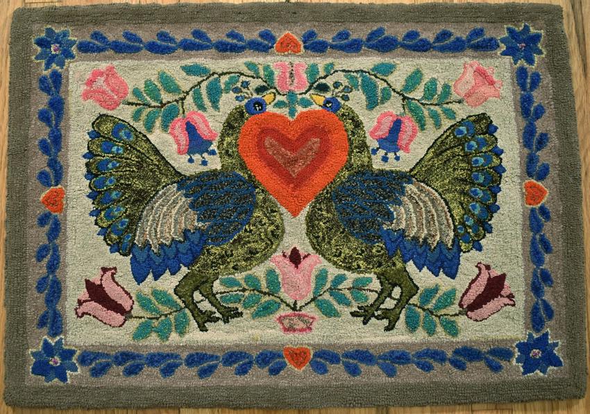 Folky 30's Peacock & Hearts Hooked Rug (1 of 7)