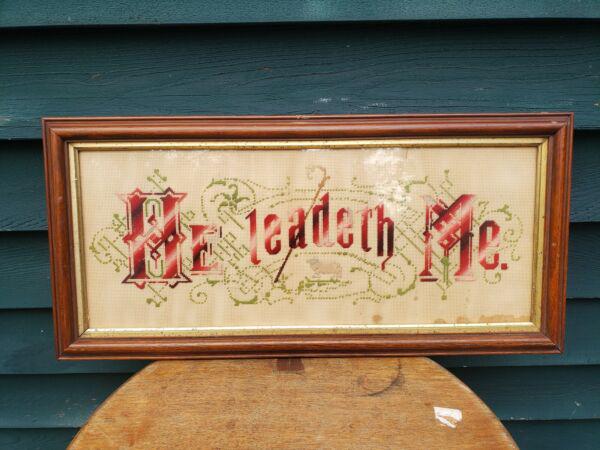 Folk art sampler motto punch paper He Leadeth Me great color Green red (1 of 3)