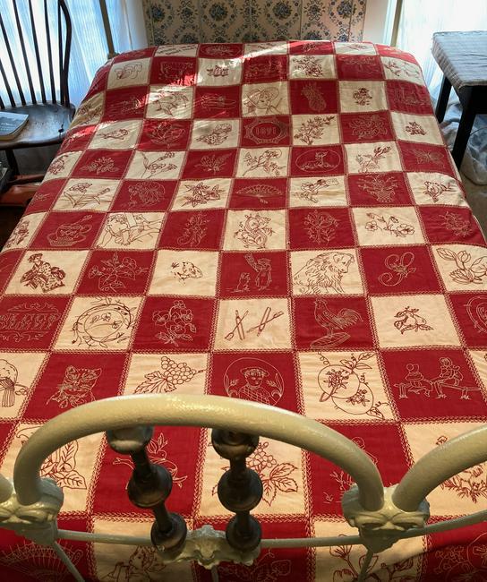 Dated 1891 embroidered and feather stitched cotton quilt (1 of 13)