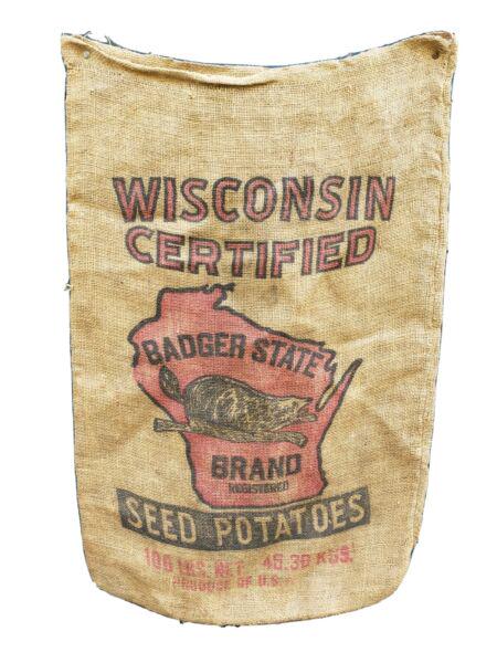 Wisconsin badger potato sack bag with graphics burlap: Great looking piece in excellent condition. Might have a side hole but non in graphics area Measures approximately 22 x 36 " . Shipping: Domestic: Flat-rate of $12.00 to anywhere within the contiguous