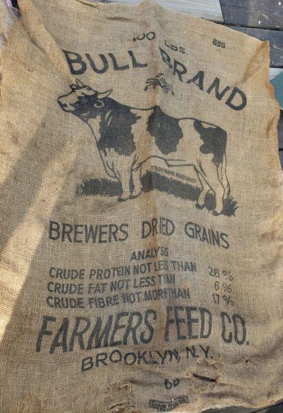 Grain sack bag burlap Brooklyn NY BULL BRAND graphics: Great looking piece in very good condition. Some holes. Measures approximately 18 x 30 " . Shipping: Domestic: Flat-rate of $12.00 to anywhere within the contiguous U.S. International: Foreign shippin