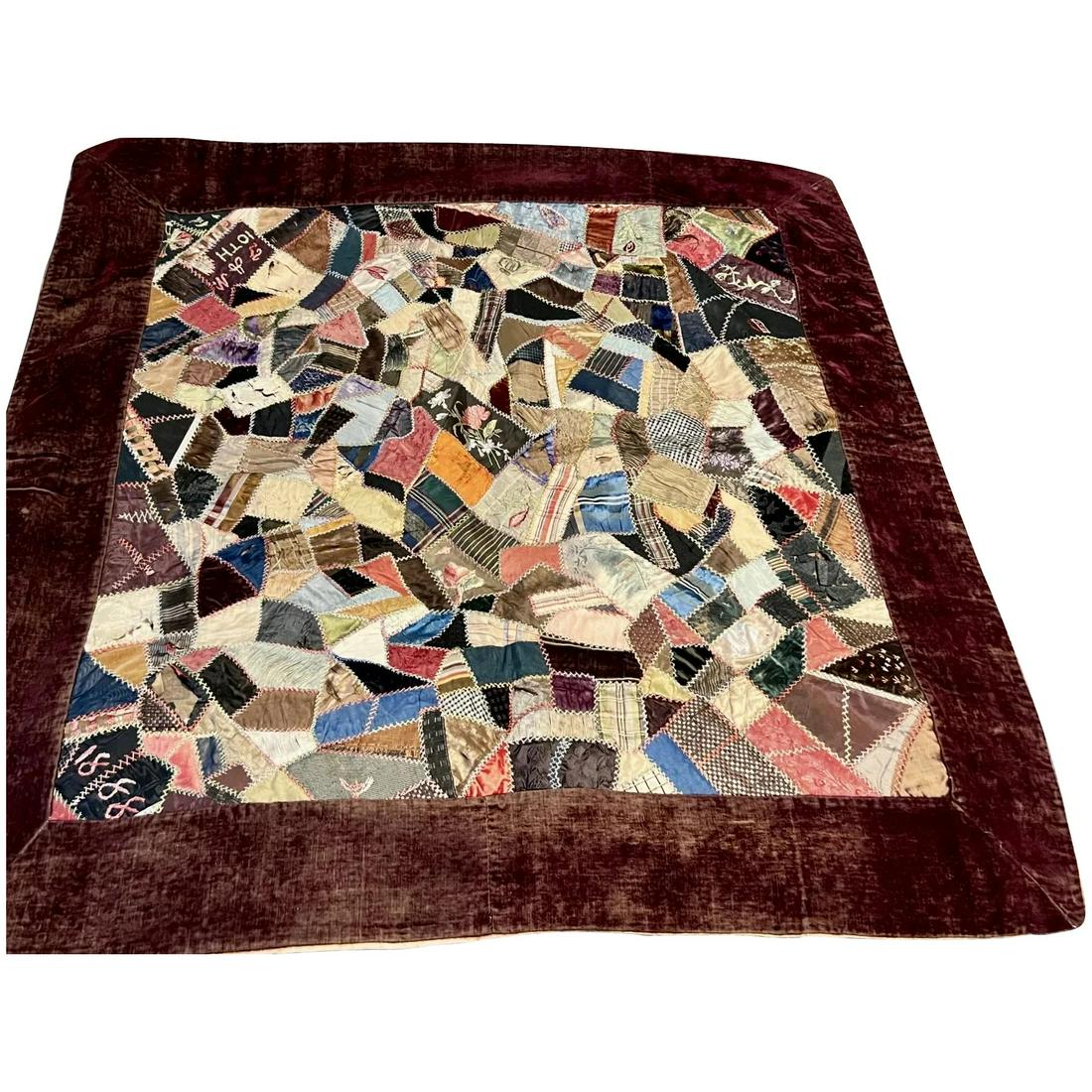 Antique Victorian crazy quilt parlor Throw 1888 39 1/2" (1 of 14)