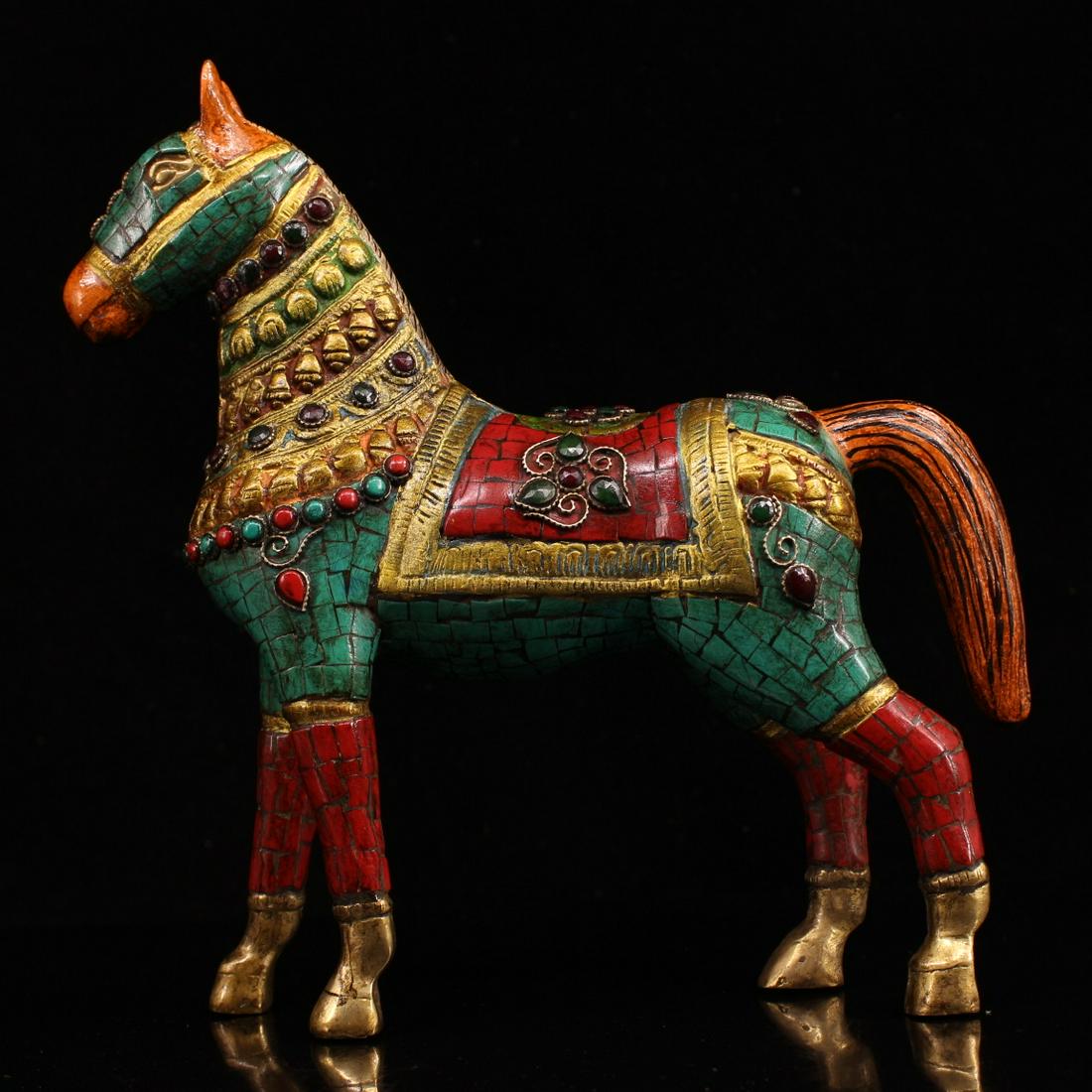 Chinese Gilt Gold Red Copper Inlay Turquoise & Gem Horse Statue (1 of 9)