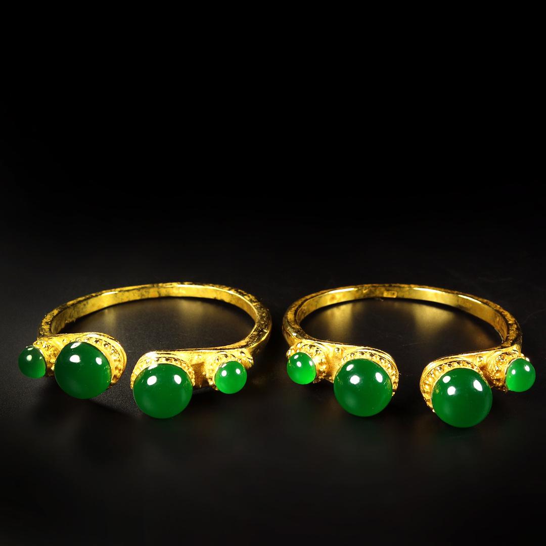 A Pair Beautiful Gilt Gold Red Copper Inlay Green Jade Bracelet (1 of 9)