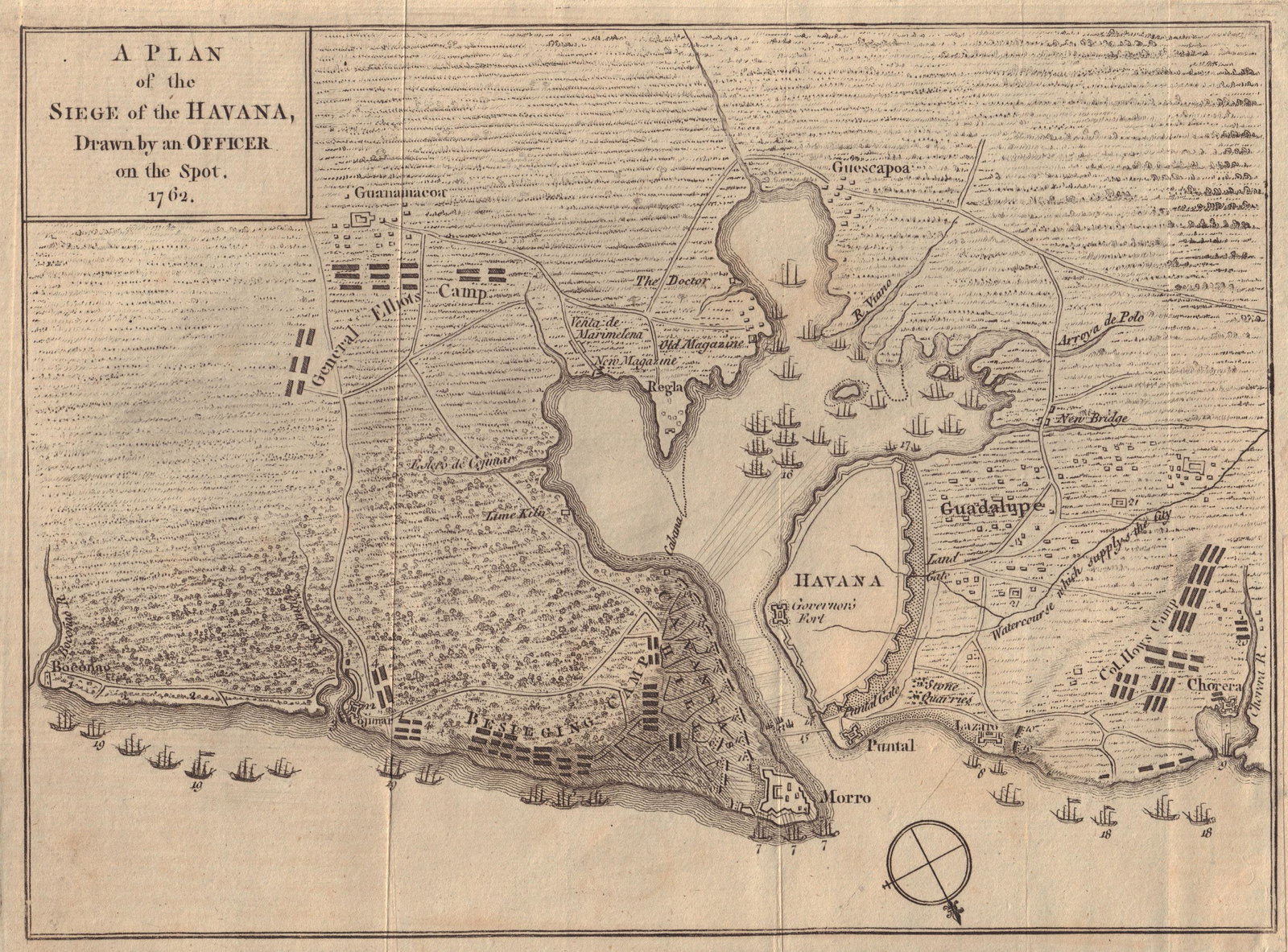 A Plan of the Siege of the Havana… Cuba. Gentleman's Magazine 1762 old map: TITLE/CONTENT OF MAP: 'A Plan of the Siege of the Havana Drawn by an Officer on the Spot 1762' DATE PRINTED: 1762 IMAGE SIZE: Approx 19.0 x 26.0cm, 7.5 x 10.25 inches (Medium); Please note that this i