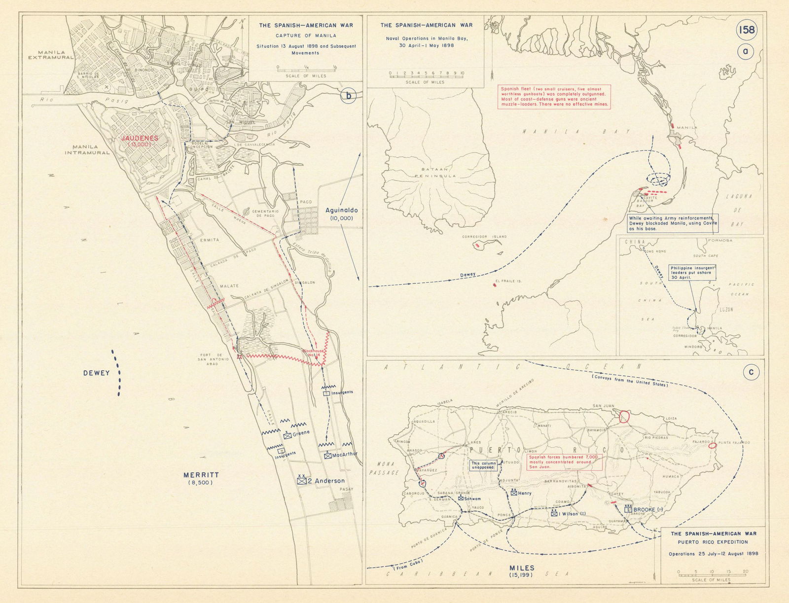Spanish-American War 1898. Capture of Manila & Puerto Rico 1959 old map (1 of 1)