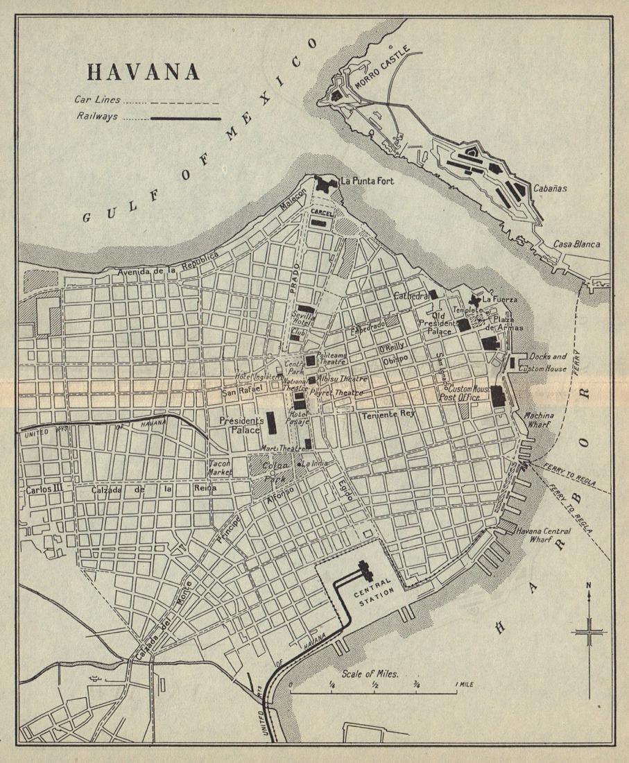 HAVANA. Vintage town plan. Railways & streetcar lines. Cuba. Caribbean 1923 map (1 of 1)