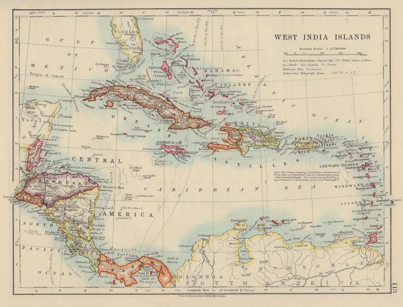 WEST INDIA ISLANDS. Caribbean Bahamas Windward/Leeward Is. JOHNSTON 1910 map (1 of 2)