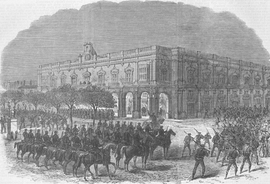 CUBA. Havana volunteers attacking Governor’s Palace, antique print, 1869: CAPTION BELOW PICTURE: 'The insurrection in Cuba: Attack of the Havannah volunteers on the Governor’s Palace ' DATE PRINTED: 1869 IMAGE SIZE: Approx 16.0 x 23.5cm, 6.25 x 9.25 inches (Medium) TY