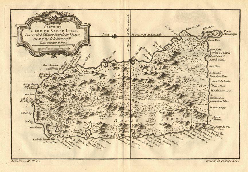 Carte de L'Isle de Sainte Lucie'. Saint Lucia, Caribbean. BELLIN 1758 old map (1 of 2)