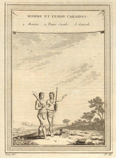 Homme et Femme Caraïbes'. Carib man & woman. Caribbean. Basket Caracoli 1759: CAPTION PRINTED BELOW PICTURE: 'Homme et Femme Caraïbes 1. Bouton 2. Panier Caraïbe 3. Caracoli [Carib man and woman 1. "Button" 2. Carib basket 3. Caracoli]' DATE PRINTED: 1759 IMAGE SIZE: 