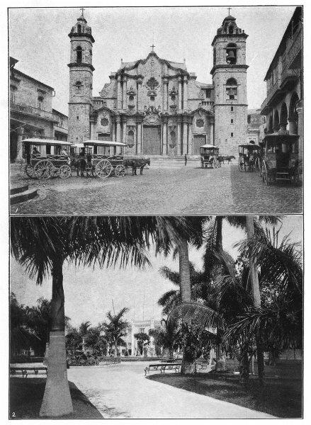 CUBA. Havana; 1. Cathedral of Havana; 2. Colon Park, Havana 1907 old print: CAPTION PRINTED BELOW PICTURE: 'Havana; 1: Cathedral of Havana; 2: Colon Park, Havana' DATE PRINTED: 1907 IMAGE SIZE: Approx 18.0 x 13.0cm, 7 x 5 inches (Small) TYPE: Antique print CONDITION: Good; su