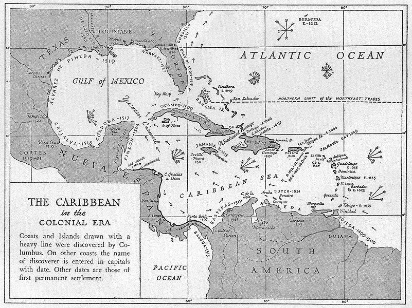 WEST INDIES. 1600-1660. Caribbean, Colonial Era, sketch map 1942 old: TITLE/CONTENT OF MAP: 'The Caribbean in the Colonial Era' DATE PRINTED: 1942 IMAGE SIZE: Approx 11.5 x 15.5cm, 4.5 x 6 inches (Small) TYPE: Vintage map. This map was published in 1942 but it may depic