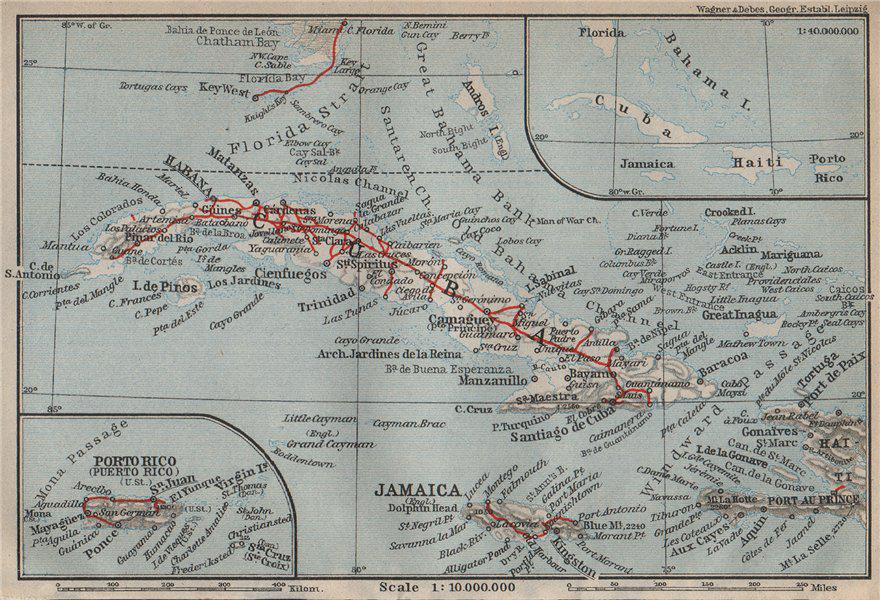 CUBA PUERTO RICO Jamaica Haiti. Caribbean. BAEDEKER 1909 old antique map chart (1 of 2)